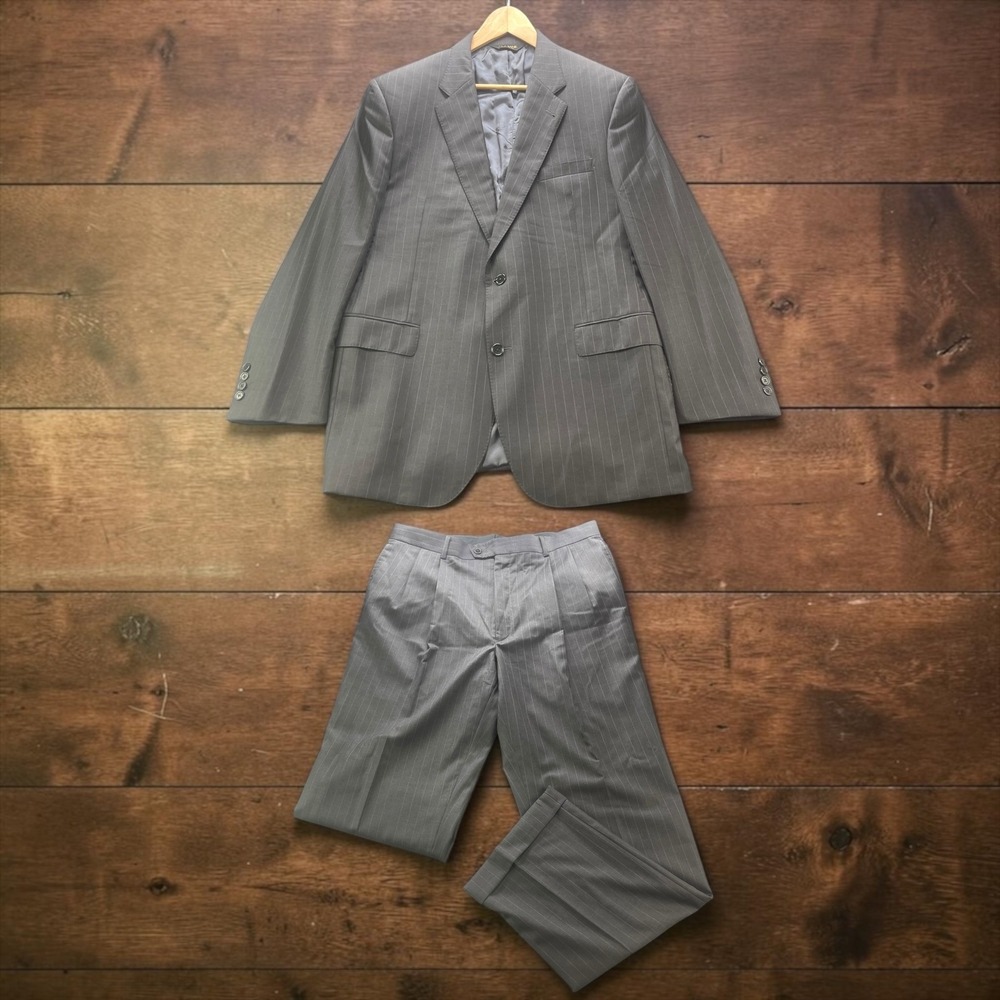 Jos A Bank Signature Gold 43L W36xL34 Grey Pinstripe Wool Suit Pleated Cuffed